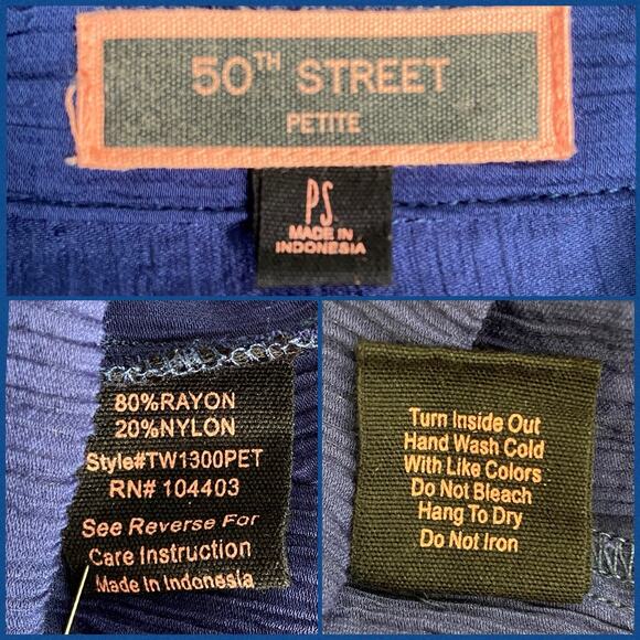 50th Street Petite Navy Blue Crinkle Long Sleeve Button Front Blouse Size PS - Picture 11 of 11